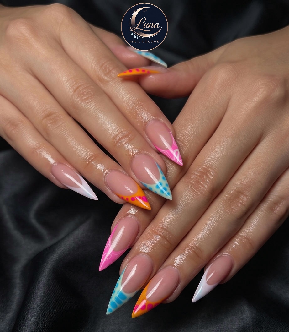 Colourful French stiletto nails at Luna Nail Lounge