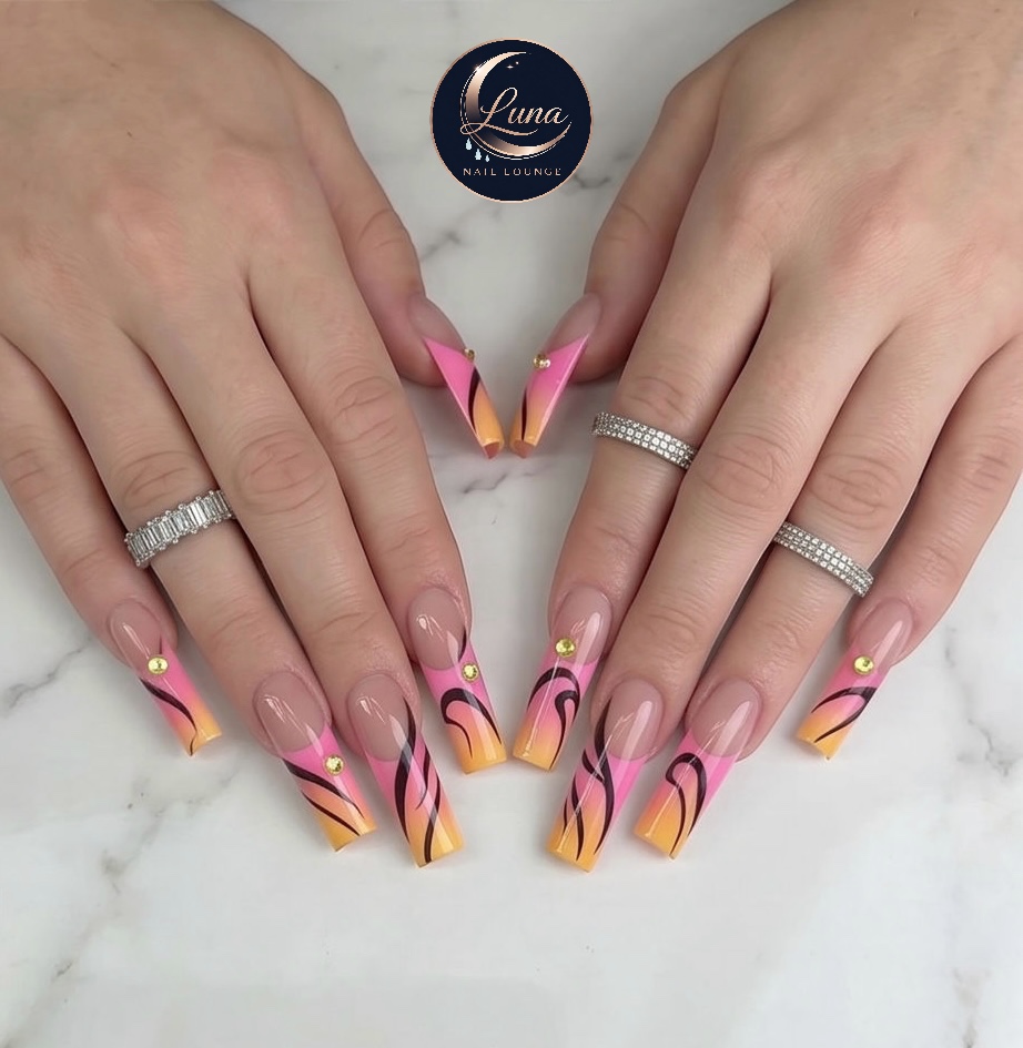 Pink and orange swirl nails at Luna Nail Lounge