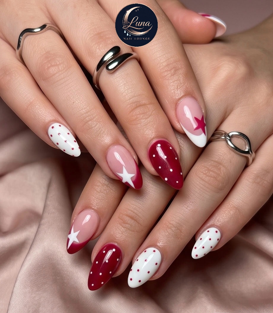 Star and polka-dot nail design at Luna Nail Lounge